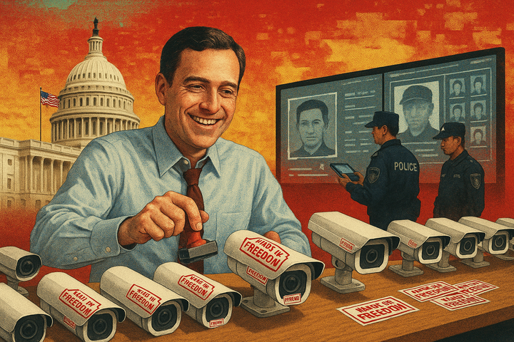 Satirical digital collage showing Silicon Valley exporting surveillance tech to China under the guise of freedom.