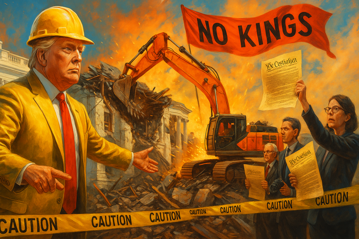 Donald Trump in a gold suit and hard hat directs bulldozers demolishing the East Wing of the White House tape under a fiery sky and a “No Kings” banner.