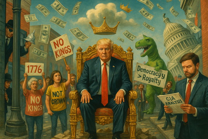 Surreal collage of Donald Trump on a golden throne surrounded by “No Kings” protesters, CIA agents, and raining money.