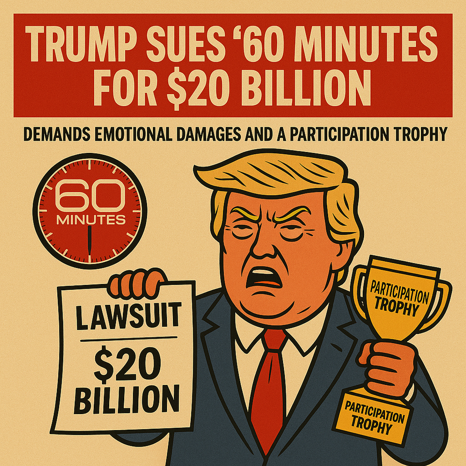 Satirical image of Donald Trump holding a lawsuit and participation trophies, with a headline about suing 60 Minutes for $20 billion over emotional damages.