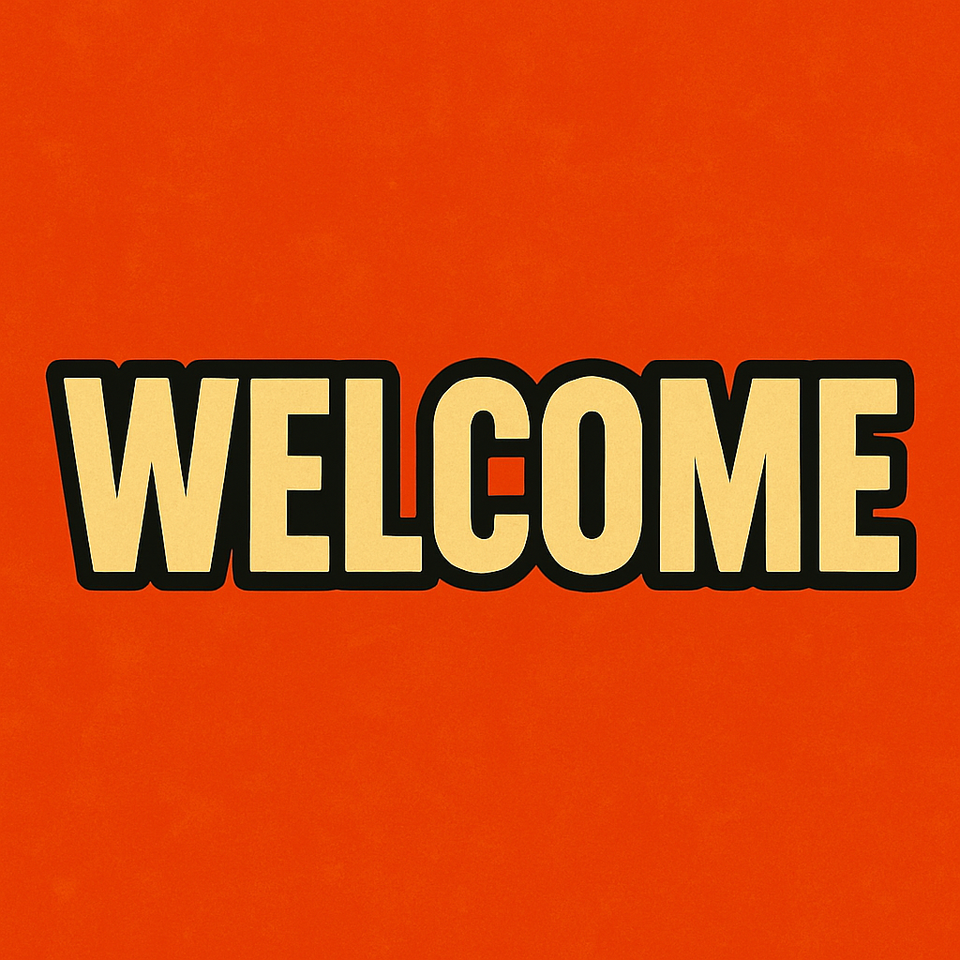 Bold vintage-style "WELCOME" text in cream with black outline, centered on a textured orange-red background, matching the branding style of GOPocalypse Now.