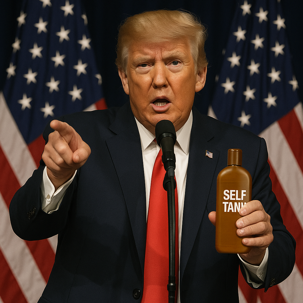 A serious President Donald Trump stands at a podium flanked by American flags, holding a bottle labeled “SELF TANN” in one hand while pointing assertively with the other.