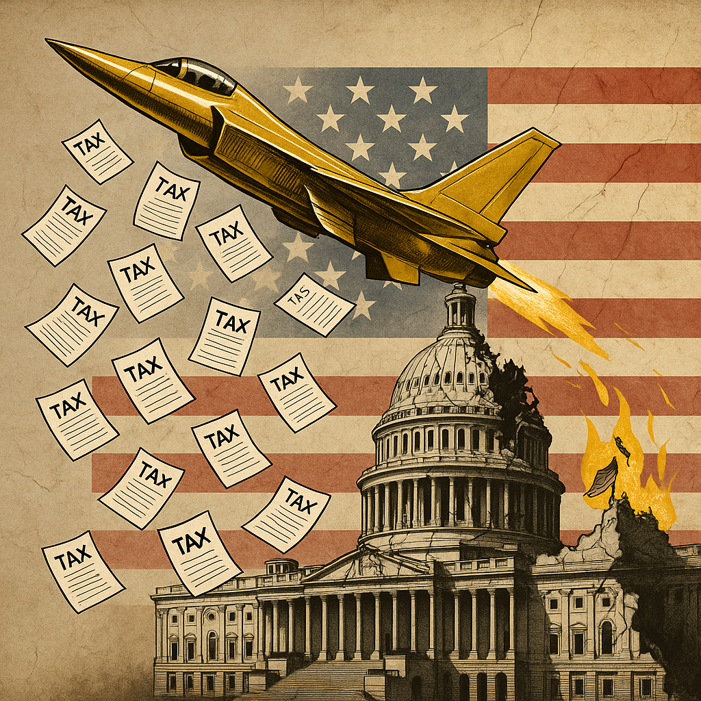 A gold-plated fighter jet rains tax forms over a crumbling U.S. Capitol, with flames and a tattered American flag in the background, symbolizing satirical fiscal chaos.