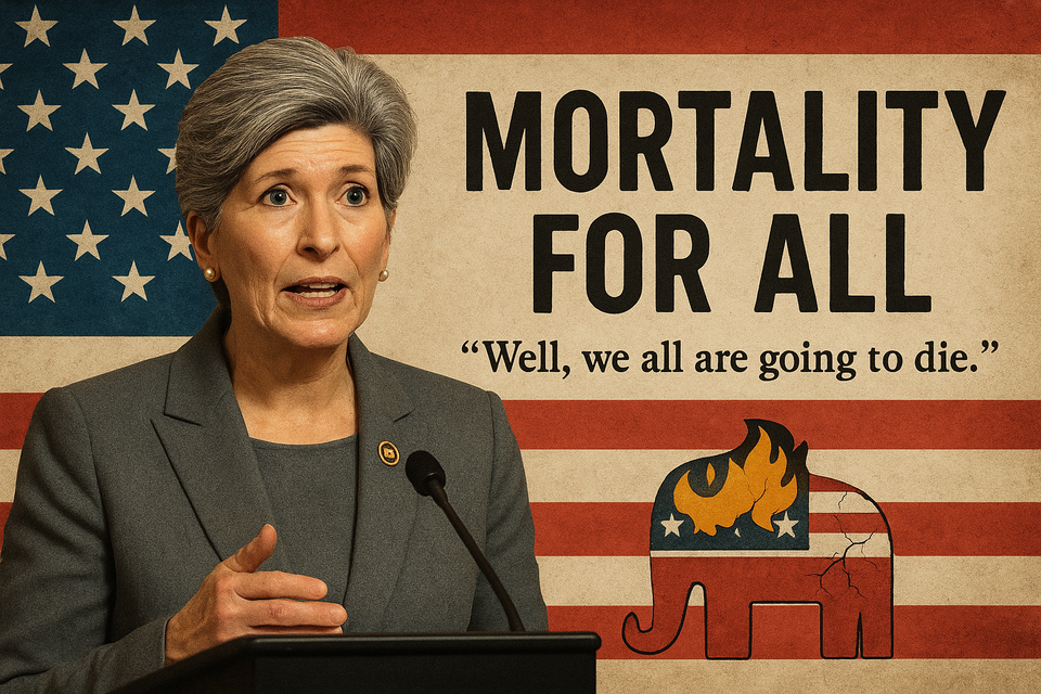 Satirical image of Senator Joni Ernst at a podium with the phrase “Mortality for All” and “Well, we all are going to die” beside a burning GOP elephant and U.S. flag backdrop.