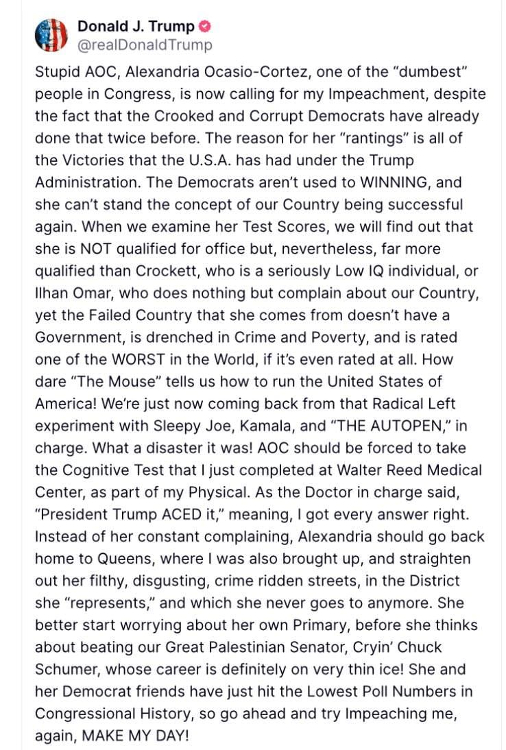 Screenshot of a Truth Social post from Donald J. Trump in June 2025, where he insults Alexandria Ocasio-Cortez, Ilhan Omar, and others