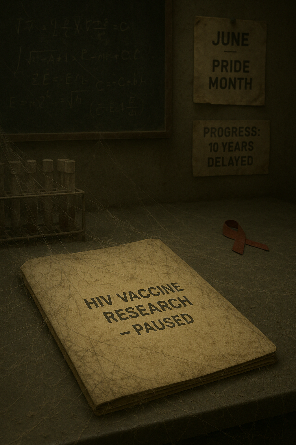 Abandoned research lab with a dusty folder labeled “HIV Vaccine Research — Paused,” a red AIDS ribbon, and signs reading “June – Pride Month” and “Progress: 10 Years Delayed.”