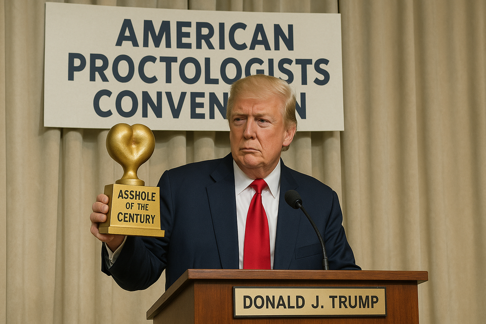 Donald Trump holding a golden anus-shaped trophy labeled “Asshole of the Century” at a podium during the American Proctologists Convention.