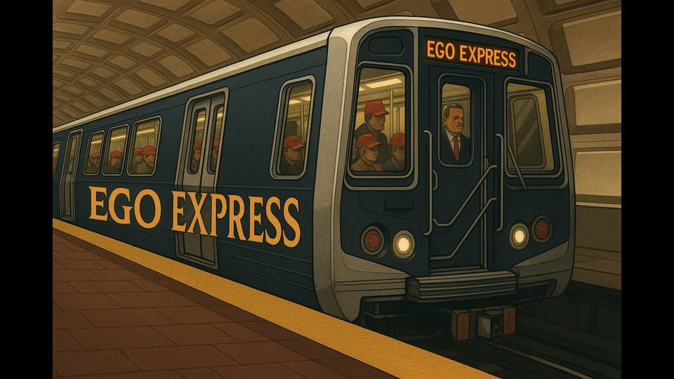Satirical subway train labeled “Ego Express” mocking GOP proposal to rename DC Metro “Trump Train” under Florida Congressman Greg Steube’s WMAGA Act.