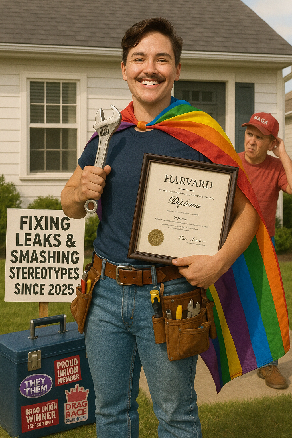 Queer electrician wearing a rainbow cape and tool belt, holding a wrench and Harvard diploma, standing confidently in front of a house.