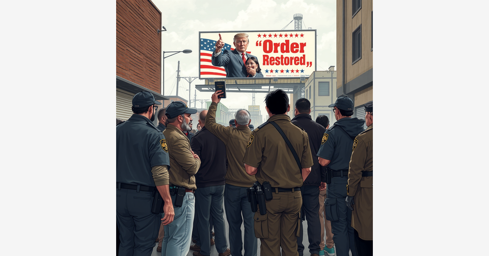 Realistic image of immigrant workers confronted by ICE agents in an urban setting, highlighting fear and confusion amid targeted workplace raids.