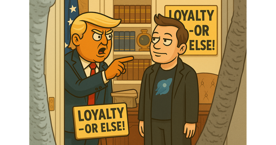 Cartoon image of a tense political scene with a red-tie politician shouting at a smug tech figure near a sign reading “Loyalty Meetings Held Daily – Or Else.”