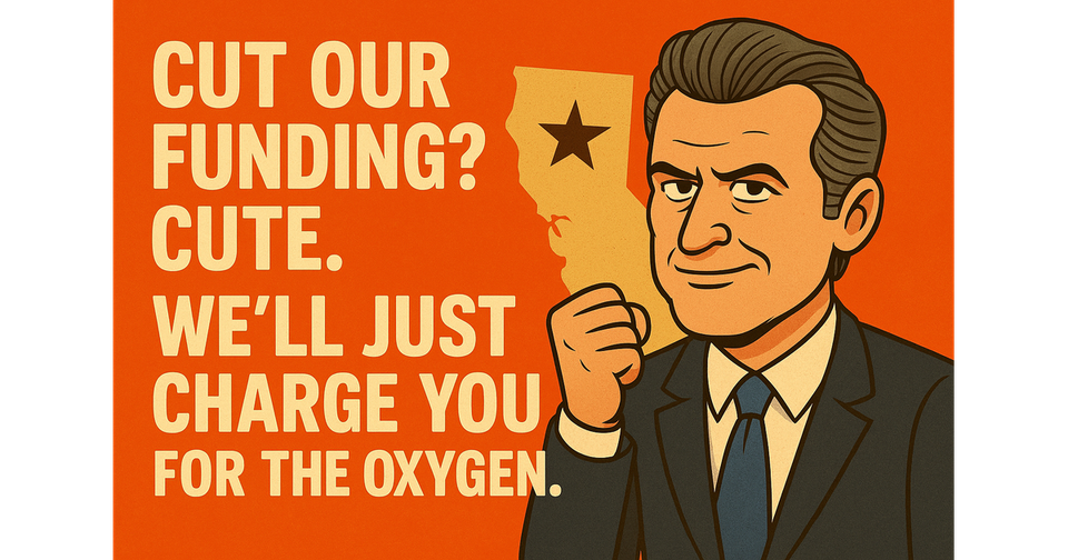 Cartoon of Gavin Newsom confidently confronting a flustered Trump in a dramatic standoff, surrounded by protest signs and federal funding invoices.