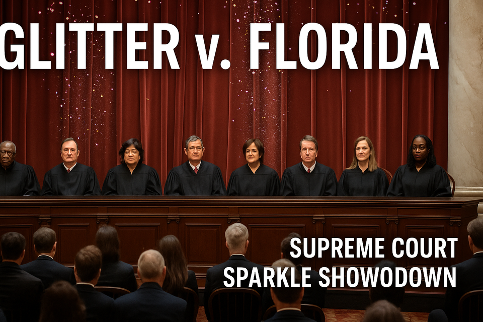 Supreme Court justices seated behind the bench as glitter falls in the courtroom, symbolizing the high-stakes hearing of Glitter v. Florida.