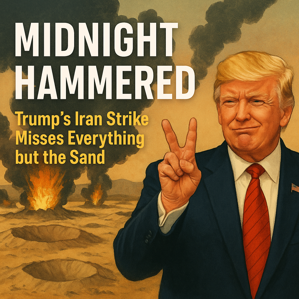 “Donald Trump flashing a peace sign in front of bomb craters and smoke, with title 'Midnight Hammered: Trump’s Iran Strike Misses Everything but the Sand'”
