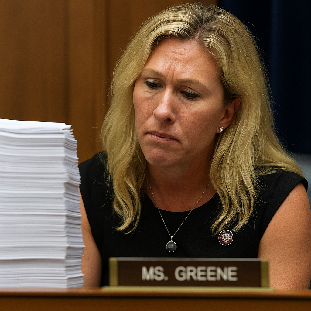 Marjorie Taylor Greene looking confused at a large stack of papers in a congressional hearing room
