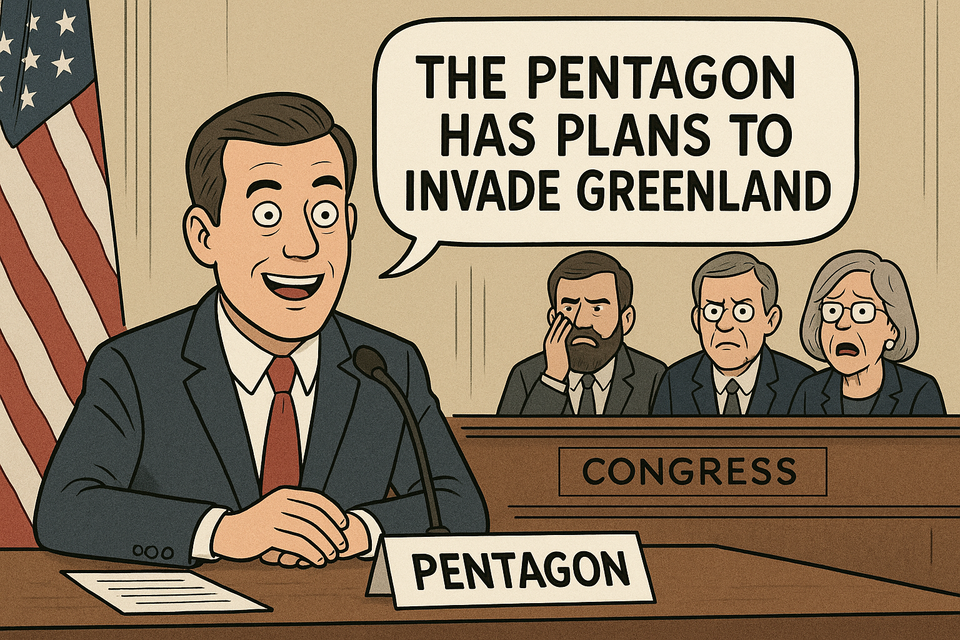Cartoon of Pentagon official at a congressional hearing admitting plans to invade Greenland as Congress members react in disbelief.