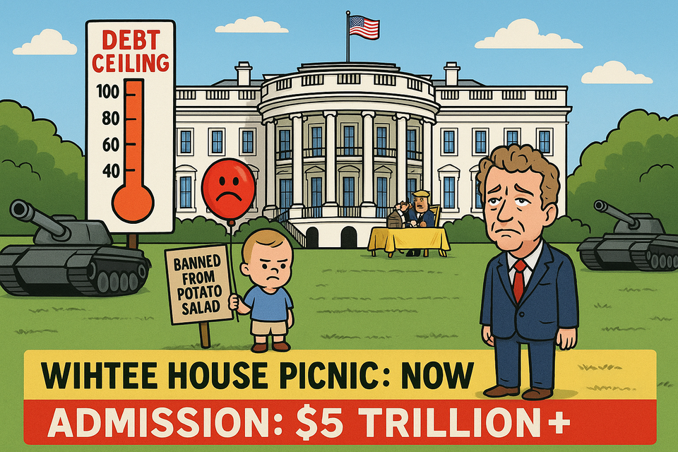Satirical cartoon of Rand Paul, toddler banned from picnic, debt ceiling thermometer, tanks, and Trump waving from a gold picnic table in front of White House with $5 trillion admission sign.