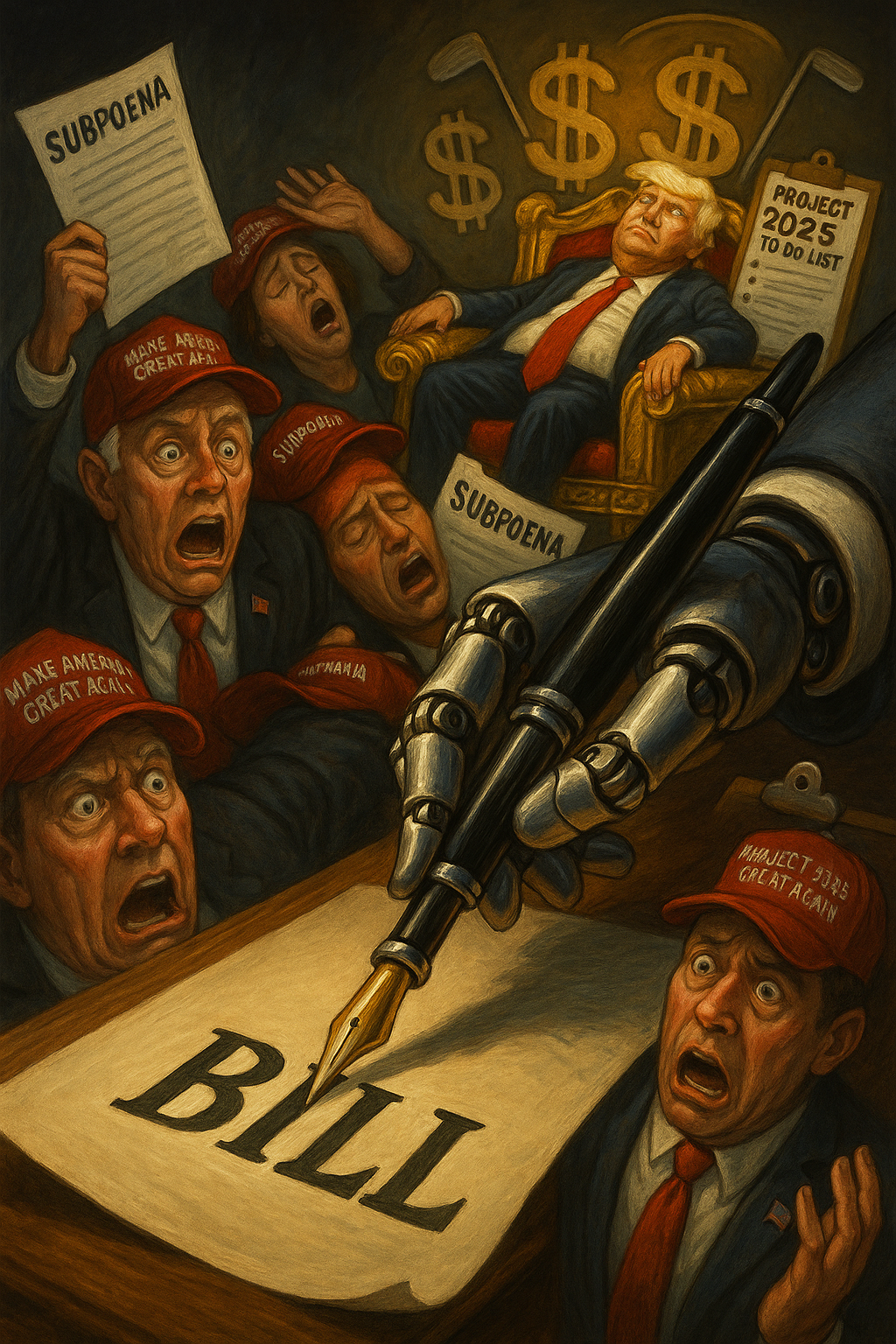 Robotic hand signs bill as MAGA Republicans panic with subpoenas. Trump sits on a gold throne behind them with dollar signs and a Project 2025 to-do list.