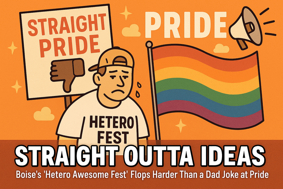 Cartoon illustration of a sad man in a "Hetero Fest" shirt holding a "Straight Pride" sign with a thumbs-down icon