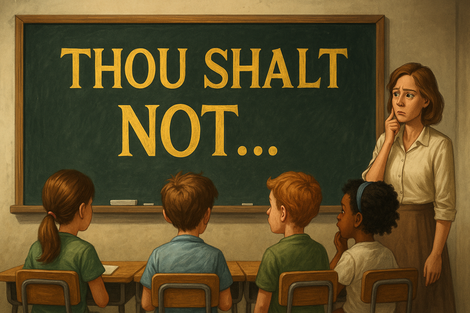 Satirical image of Ten Commandments written on a chalkboard in a modern classroom