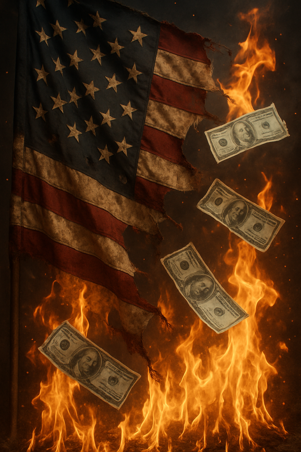 Burning American flag with money in flames, symbolizing chaos from budget cuts