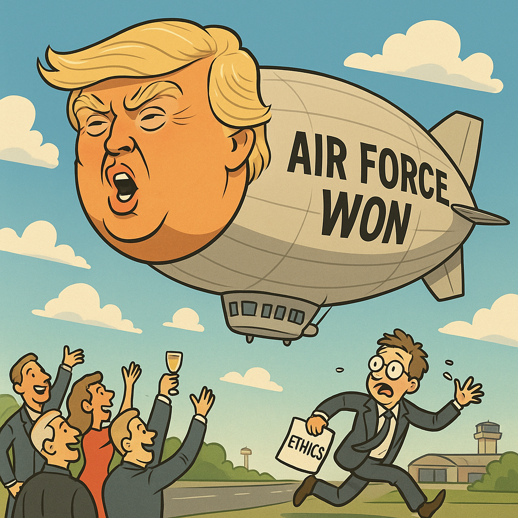 Satirical cartoon of a giant blimp shaped like Trump’s head labeled “Air Force Won” floating above cheering supporters as an ethics advisor runs away clutching a document.