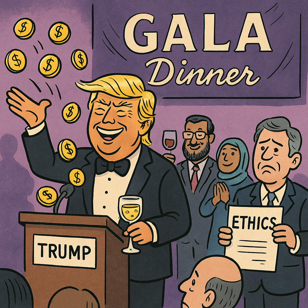 Satirical cartoon of Trump at a gala tossing gold coins while smiling guests look on and an ethics advisor holds a concerned expression and a document labeled "ETHICS."