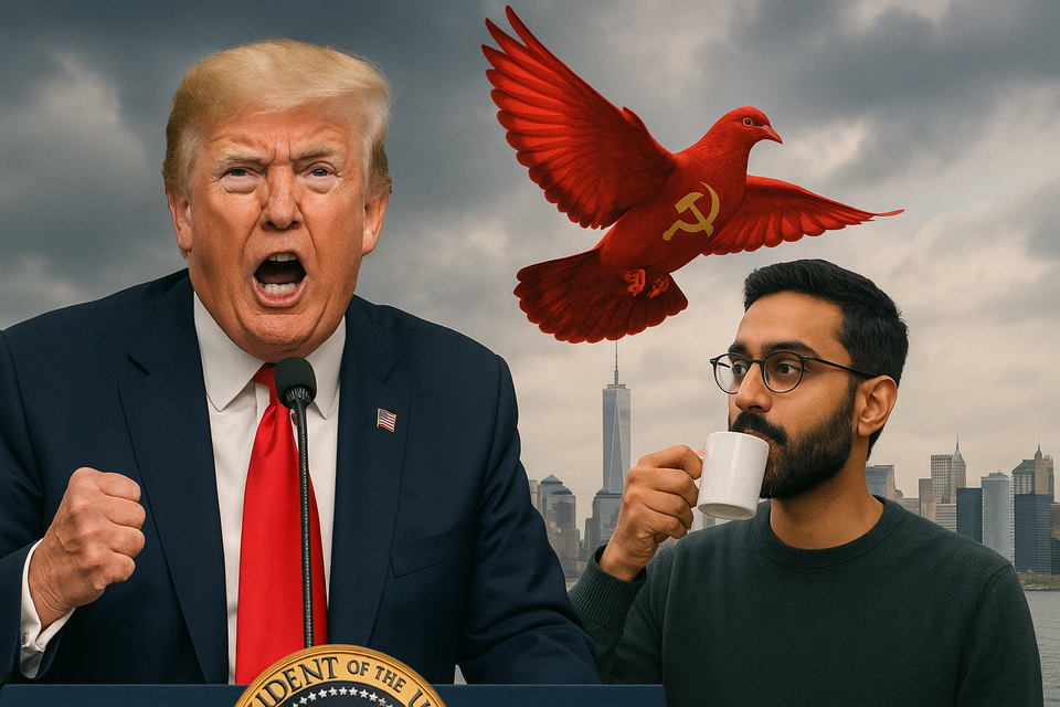 President Donald Trump yelling behind a podium as Zorhan Mamdani drinks coffee in front of the NYC skyline