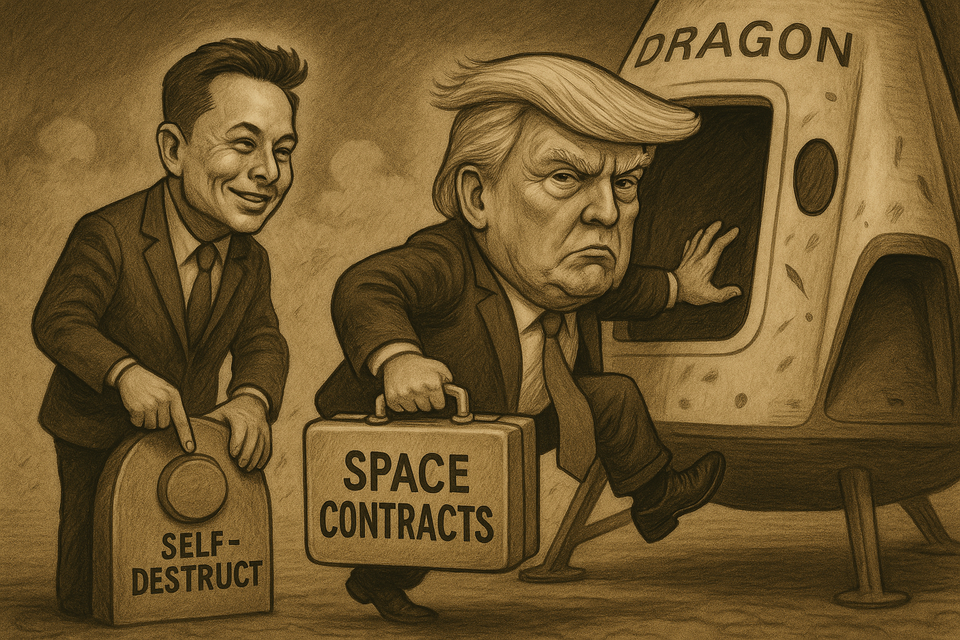 Cartoon of Donald Trump trying to board a SpaceX Dragon capsule labeled "SPACE CONTRACTS" while Elon Musk smirks and presses a giant "SELF-DESTRUCT" button.