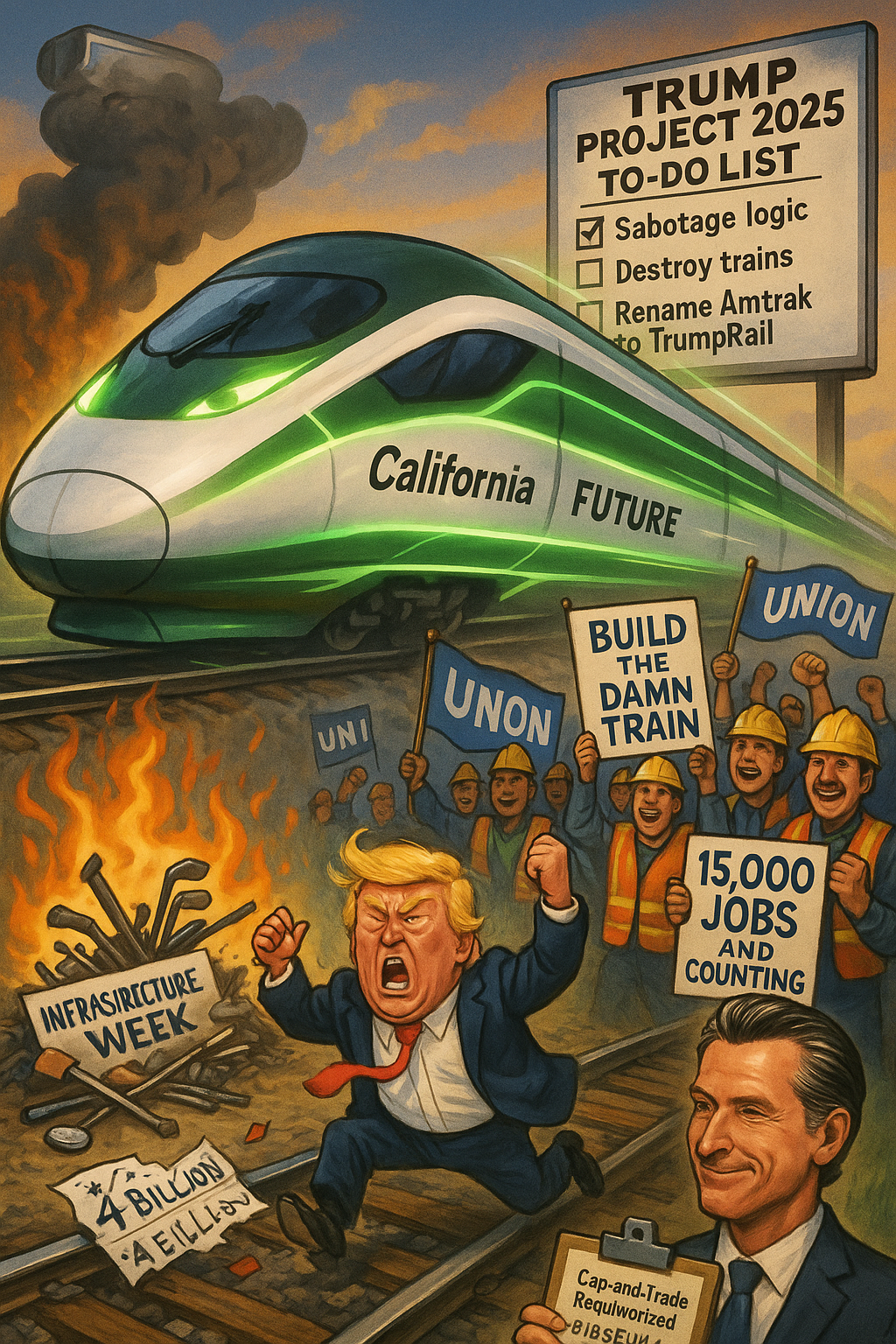 Trump throws a tantrum on train tracks as California’s high-speed rail speeds by, cheered on by union workers. Newsom holds cap-and-trade funding while Infrastructure Week burns.