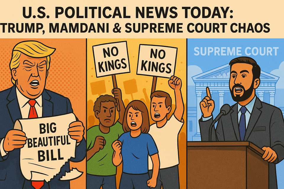 Cartoon of Trump tearing a bill, protesters with “No Kings” signs, and Zohran Mamdani speaking at a podium in front of the Supreme Court, symbolizing major 2025 U.S. political events.