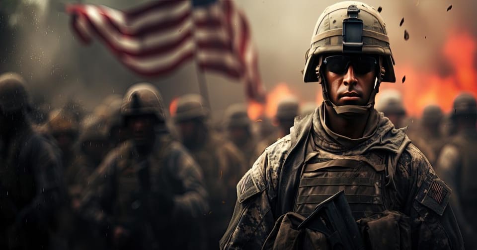 U.S. Marines standing in formation with American flag and smoke in background, symbolizing Trump’s theatrical military deployment in Los Angeles