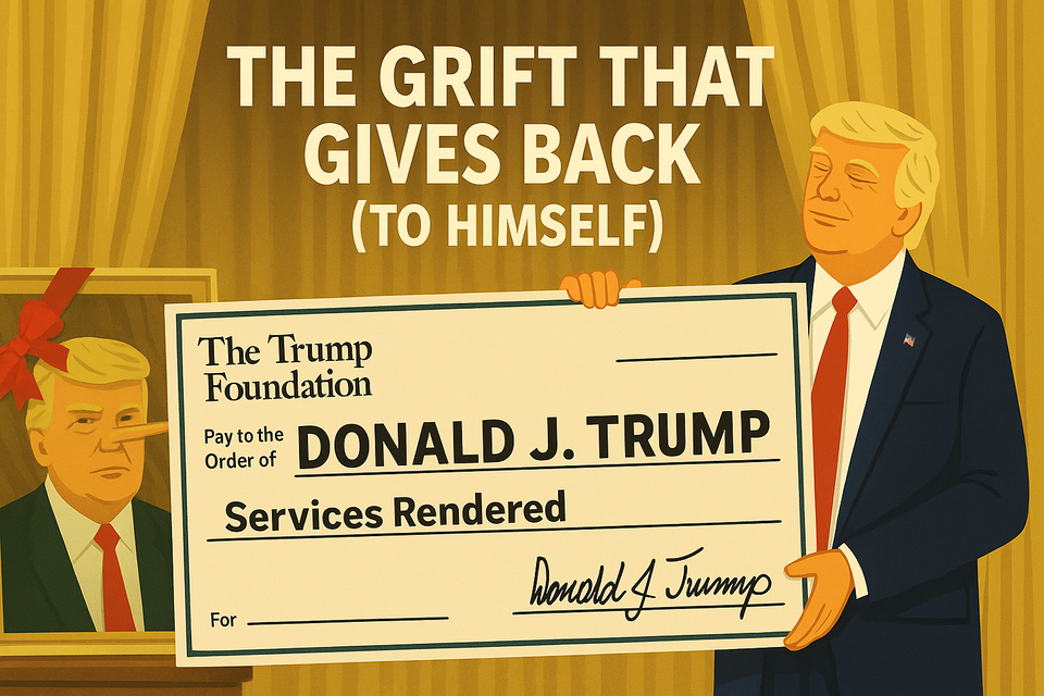 A parody check from The Trump Foundation made out to Donald J. Trump for “Services Rendered,” with a gold curtain backdrop and a gift-wrapped self-portrait nearby.