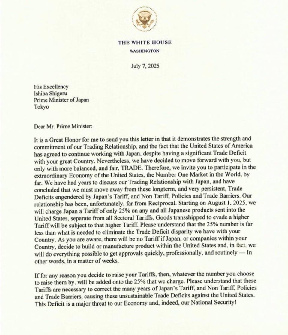Image of an official White House letter dated July 7, 2025, from President Donald Trump to Japan’s Prime Minister, filled with erratic grammar, random capitalizations