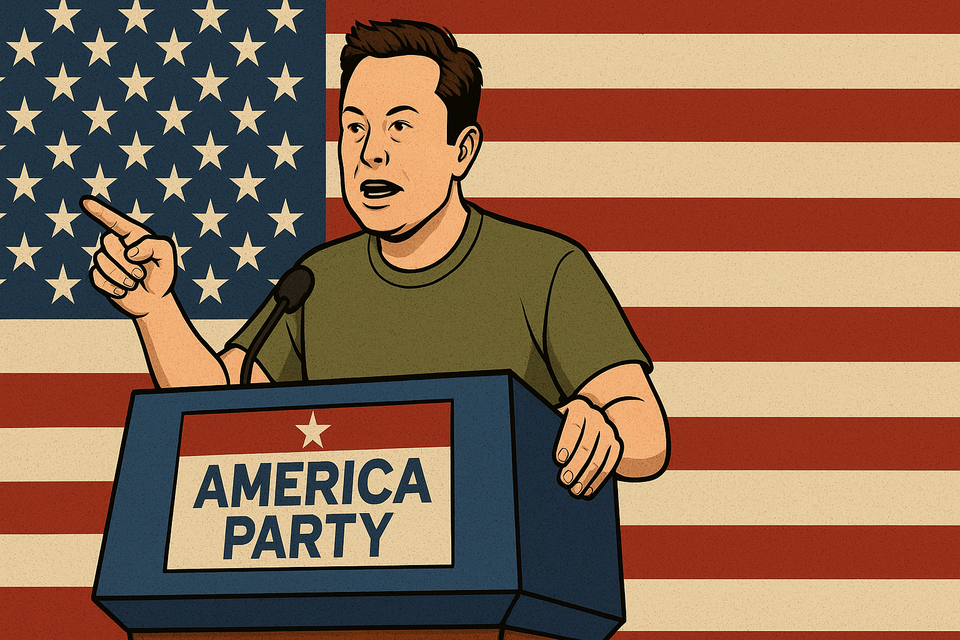 Cartoon-style illustration of Elon Musk in a T-shirt speaking at a podium labeled "America Party," with an American flag backdrop.