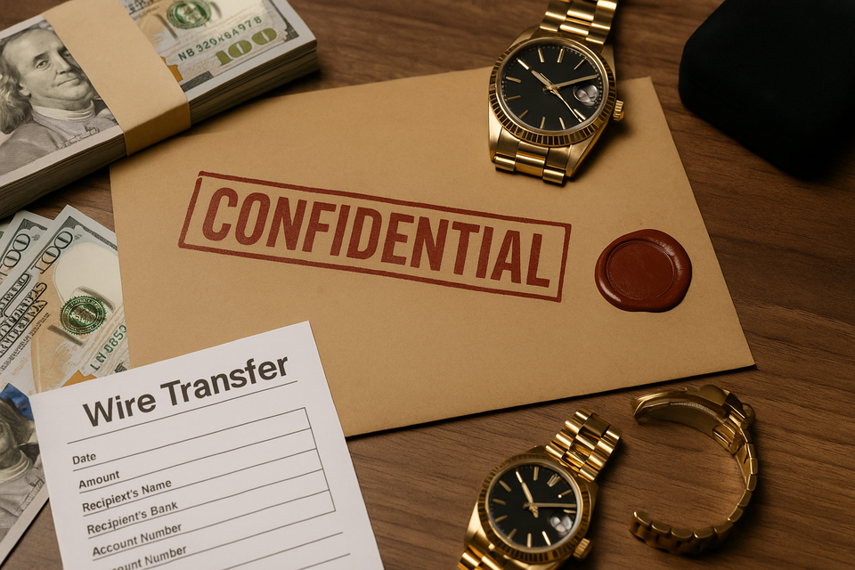 Confidential financial records with stacks of cash and a gold watch, symbolizing Epstein's billion-dollar transactions and elite protection by banks.