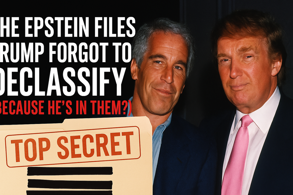 Composite image showing Donald Trump and Jeffrey Epstein together, beside a redacted folder labeled “TOP SECRET,” with bold text accusing Trump of hiding Epstein-related files.