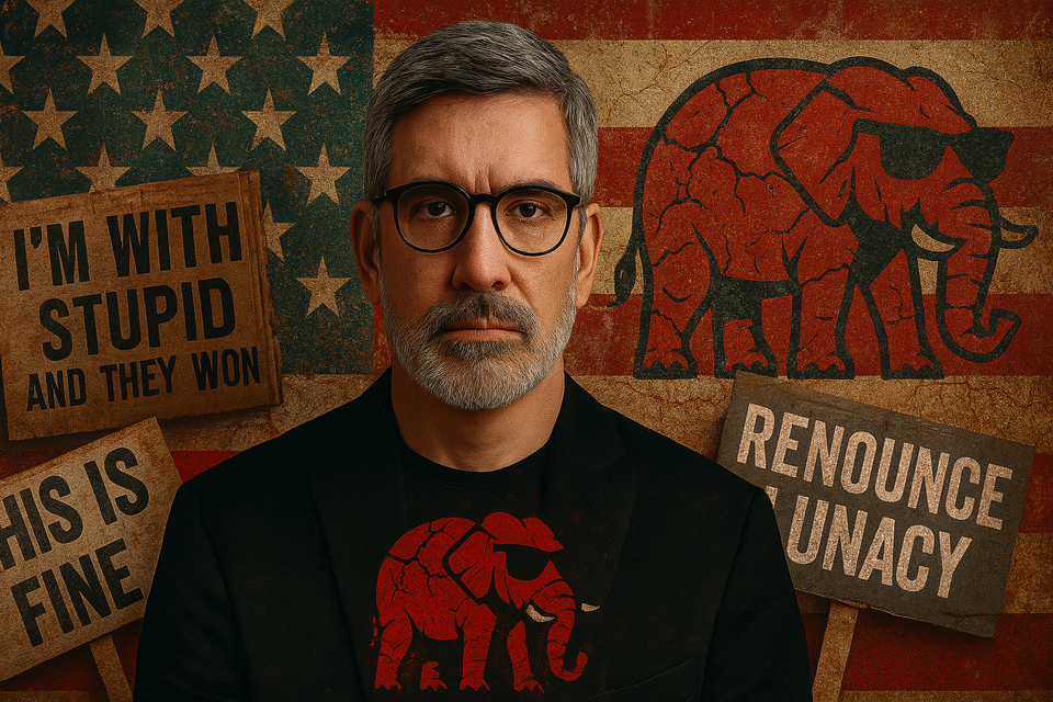 Bob Robertson against a distressed American flag backdrop, surrounded by protest signs and satire energy.