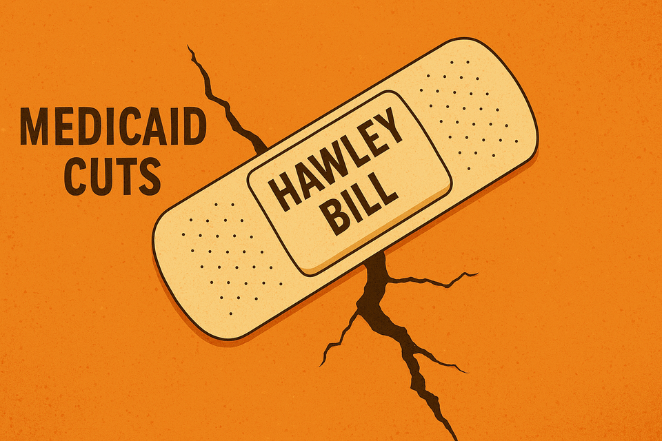 Band-aid labeled “Hawley Bill” failing to fix a broken wall labeled “Medicaid Cuts.”