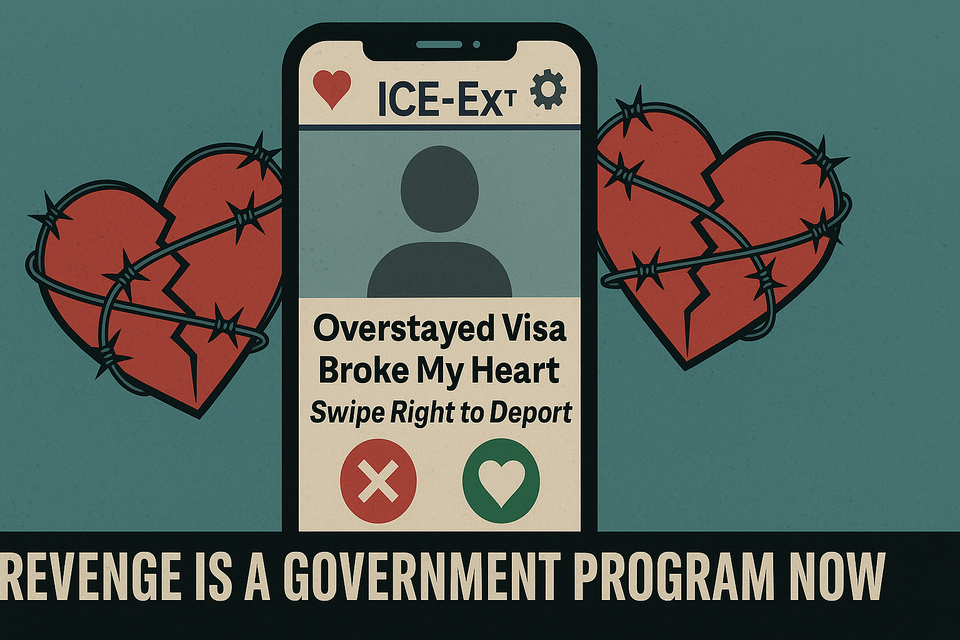 Satirical illustration of a fake dating app called ICE-Ex™ featuring a profile with the phrase “Overstayed Visa, Broke My Heart” and the tagline “Revenge is a government program now.”