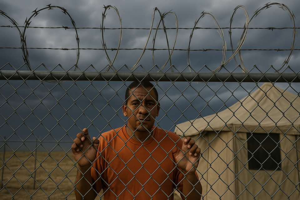 A man with a tense expression grips a chain-link fence topped with razor wire at a detention camp, with a tent in the background under a cloudy sky.