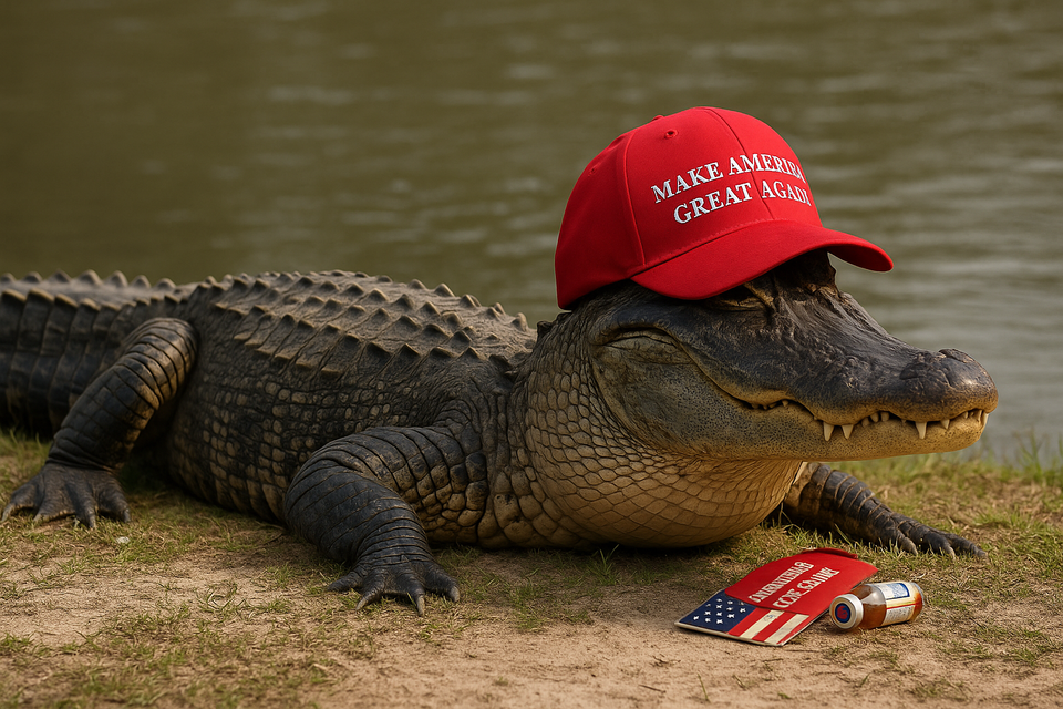 Alligator wearing a red MAGA hat in a swampy Florida landscape near a barbed-wire migrant encampment, symbolizing satirical critique of Trump's immigration policies.