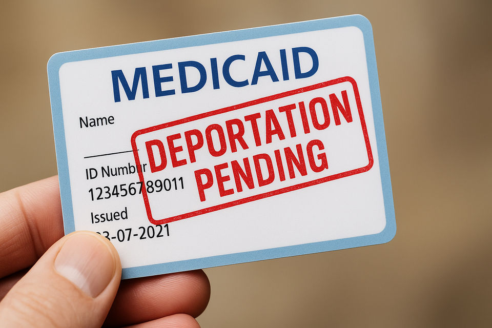 A realistic Medicaid card held in a person’s hand, stamped in red with the words “DEPORTATION PENDING” across it.