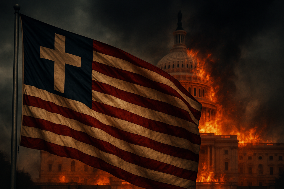 An American flag distorted into a Christian cross flying over the Capitol in flames