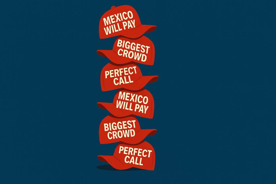 A tower of red MAGA hats stacked like Jenga blocks, each labeled with a Trump lie like “Mexico will pay” and “Biggest crowd,” symbolizing instability built on falsehoods.