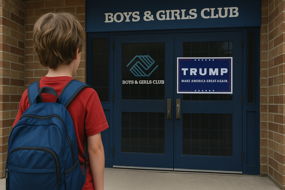 Young child with backpack facing closed Boys & Girls Club doors displaying a Trump "Make America Great Again" sign.