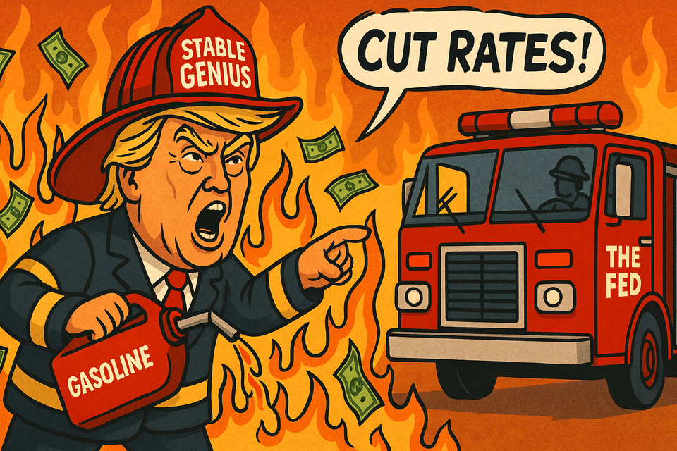 Trump as a firefighter pouring gas on inflation flames