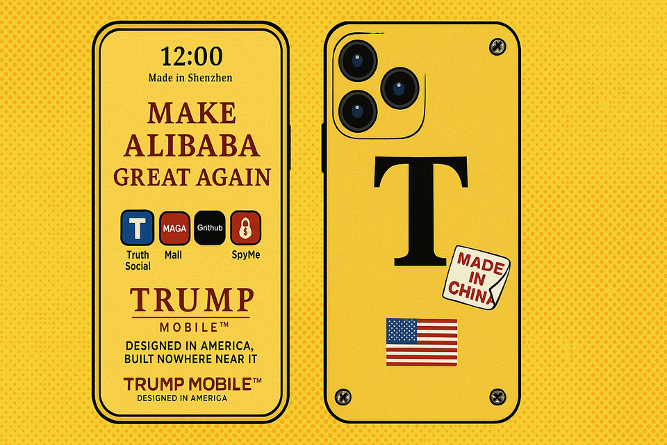 Satirical image of a gold Trump-branded phone showing slogans like “Make Alibaba Great Again” and “Designed in America, Built Nowhere Near It.”