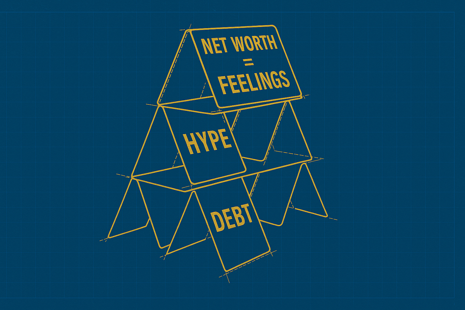 A gold-plated house of cards in blueprint style, labeled with phrases like “Net Worth = Feelings” and “I’m really rich,” satirizing the instability of Trump’s claimed business empire.