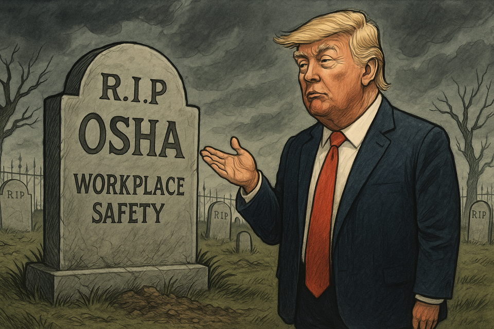 Satirical image of Donald Trump standing in a graveyard next to a tombstone reading "R.I.P OSHA," symbolizing the rollback of workplace safety regulations under his administration.